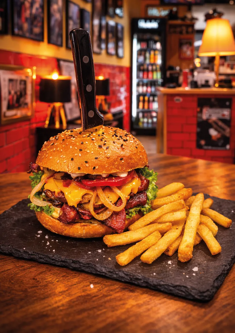 Burger mit Beef-Bacon, Cheddar und Röstzwiebeln auf einer Schieferplatte, daneben French Fries