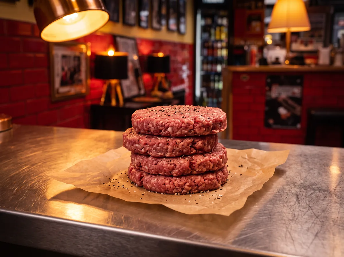 Vier frisch geformte rohe Rindfleisch-Pattys auf Backpapier auf einer Edelstahltheke